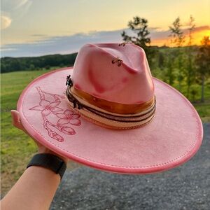 Pink Western Hat with Floral Hand Burned Design